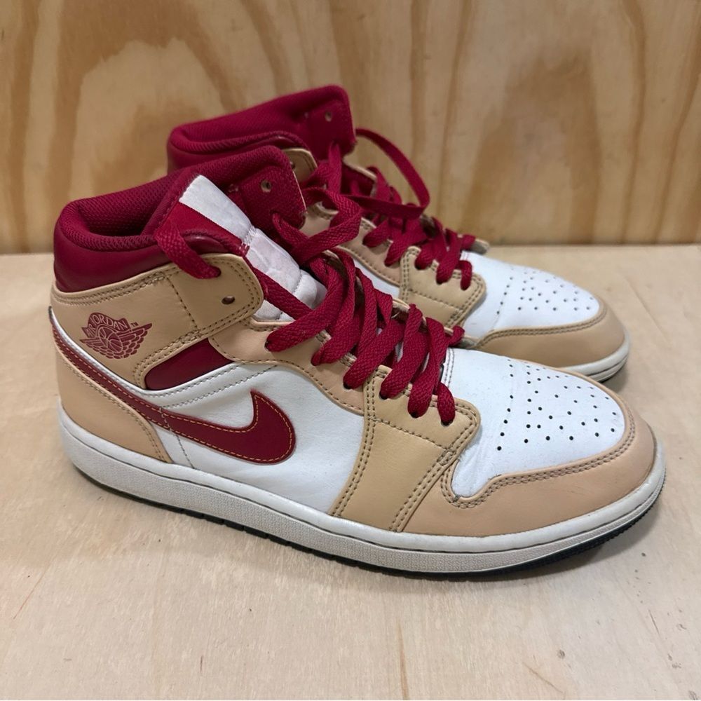 Size  8.5 Men’s - Jordan 1 Mid Light Curry Cardinal Red